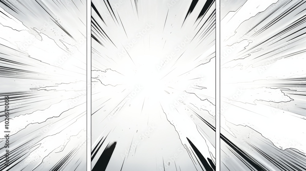 Aufkleber dynamic action comic book panel layout featuring three blank panels with diagonal lines and speed ou