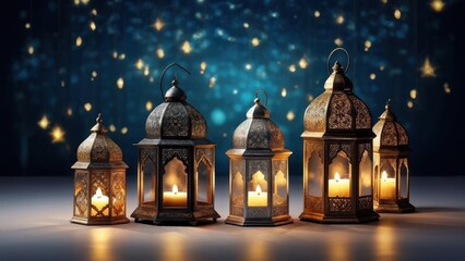 Fototapeta premium A collection of ornate lanterns glowing softly against a starry background.