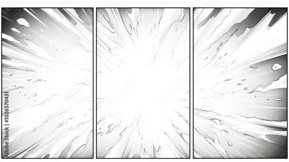 Poster dynamic action comic book panel layout featuring three blank panels with diagonal lines and speed ou