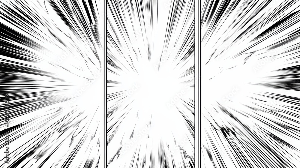 Aufkleber dynamic action comic book panel layout featuring three blank panels with diagonal lines and speed ou