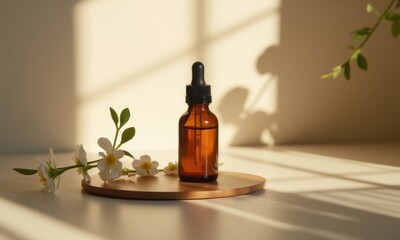 Amber bottle next to delicate flowers in a calm atmosphere.