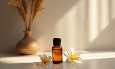 Amber bottle next to delicate flowers in a calm atmosphere.