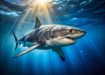 Naklejka premium Stunning Great White Shark Swimming in Clear Blue Ocean Waters - Captivating Underwater Predator Beauty
