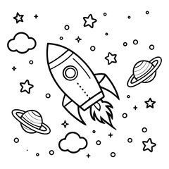 Rocket in space around planets and stars coloring page for kids  © i