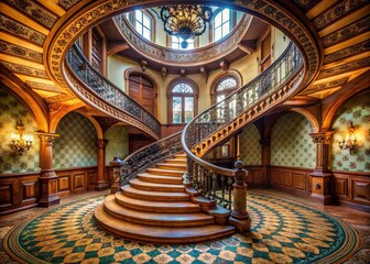 Obraz premium Circular staircase in historic Chernivtsi house showcases stunning architectural beauty, providing a captivating backdrop for portrait photography