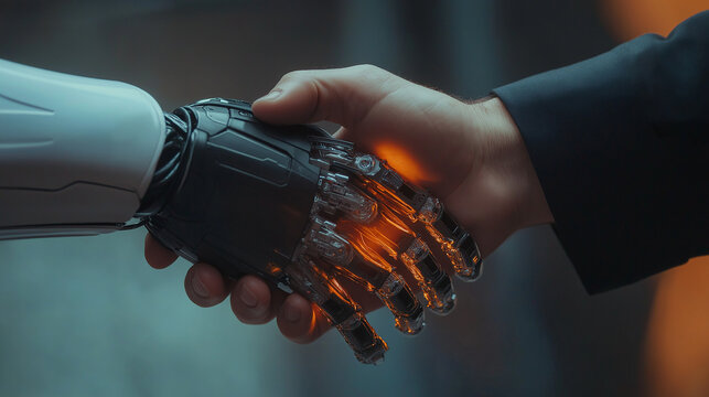 human hand delicately touches the hand of a robot's metallic hand. handshake scene Concept of harmonious coexistence of humans and AI technology and involution