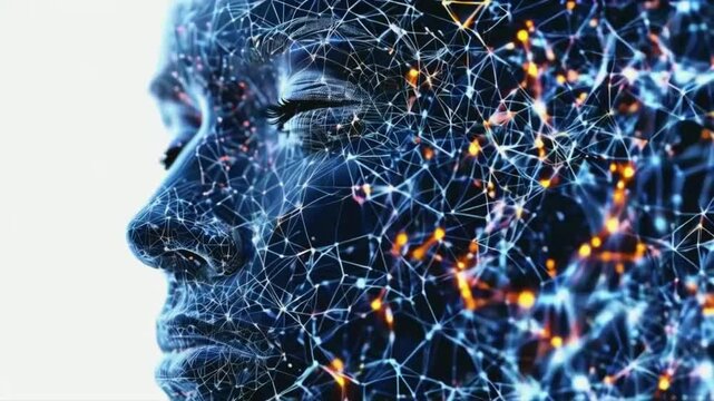 The human face entirely intricate lines, dots, and nodes, neural network architecture. constant evolution learning process of AI technology, 4k High-Quality abstract background Animation Video