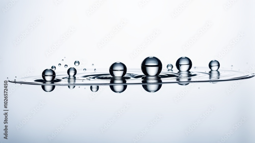 Poster a close-up of water droplets creating ripples on a surface, showcasing fluid dynamics.