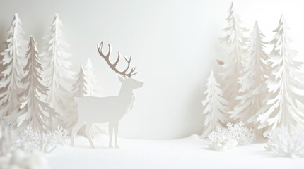 Minimalist Winter Wonderland with Paper Deer in Snowy Forest