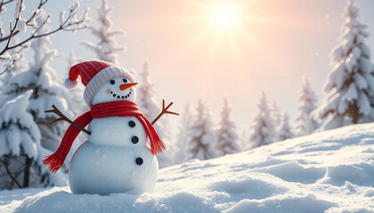 Obraz premium Cheerful snowman wearing a red scarf and hat against a snowy landscape