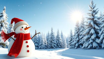 Cheerful snowman with red hat and scarf in snowy winter wonderland with copy space