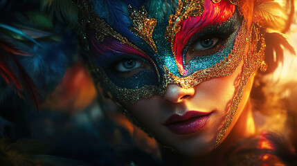 Colorful Venetian mask with feathers on bokeh background