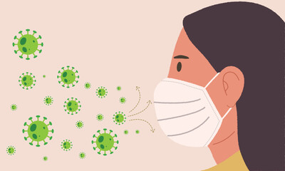 Woman wears protective face mask. Flat design vector illustration of virus spread in the air. Woman is wearing mask to prevent the virus that could be a cause of illness. Coronavirus, COVID-19  