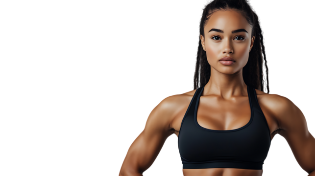 PNG Cutout of a Black Female Fitness Model, Isolated on a Transparent Backdrop, Perfect for Exercise, Training, and Health-Themed Design Projects or Digital Content Creation.