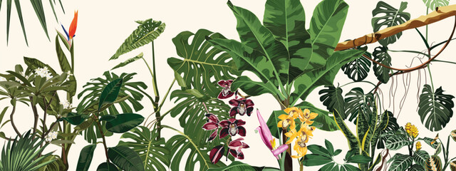 Tropical botanical landscape, palm tree, banana tree, exotic flowers, plant floral  border background. Exotic green jungle wallpaper. © Iuliia