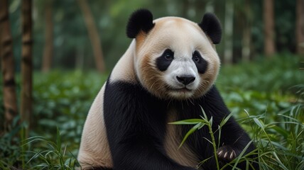 Fototapeta premium A giant panda sitting in a lush green bamboo forest, looking directly at the camera.