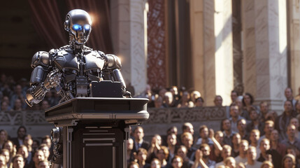 Humanoid AI robot delivers speech from ornate podium. Metallic figure with glowing eyes addresses attentive human crowd. Futuristic scenario exploring machine leadership and societal transformation