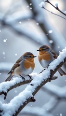 Two charming birds with orange chests sitting close together on a snowy branch in winter