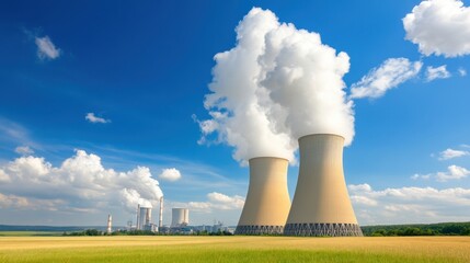 Two large power plants are emitting smoke into the sky