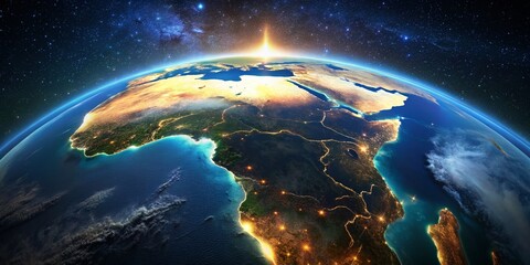 Obraz premium Stunning Nighttime View of Africa from Space Showcasing City Lights and Natural Landscapes in a Breathtaking