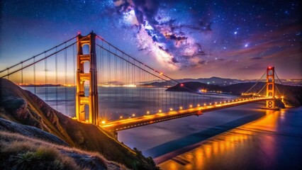Fototapeta premium Stunning Nighttime Views of Golden Gate Bridge Illuminated by City Lights and Starry Skies in San Francisco, California