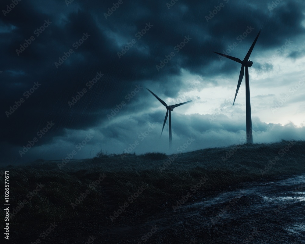 Wall mural two wind turbines are standing in a field with dark clouds overhead