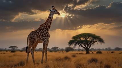 Obraz premium A giraffe stands tall in a savanna landscape, backlit by the setting sun.