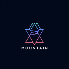 Fototapeta premium Simple modern mountain adventure line logo design, minimalist line art mountains graphic element icon logo design
