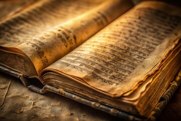 Obraz premium Closeup of Shabby Jewish Holy Book Open Torah Page in Fashion Photography Style