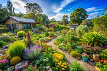 Stunning permaculture garden showcasing biodiversity, vibrant plants, and sustainable design in a serene outdoor