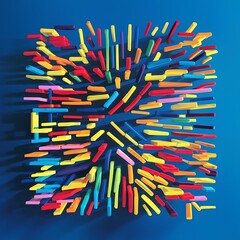 Top view of multicolored bright abstract lines on blue background