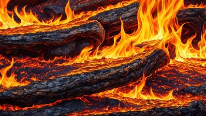 A close-up of molten lava flowing with vibrant flames and textured rock formations.