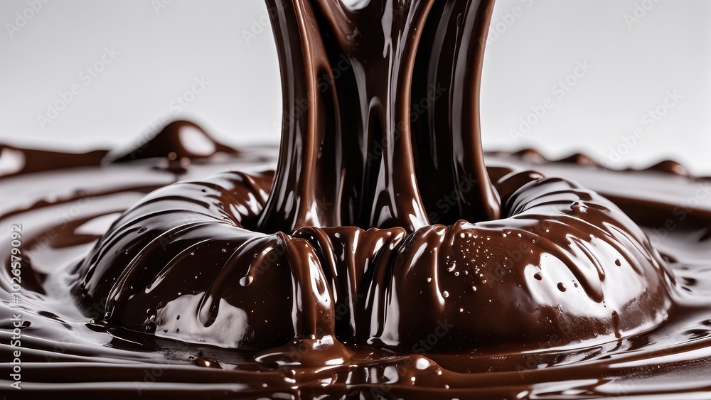 Poster a close-up of flowing chocolate creating a smooth, glossy texture.