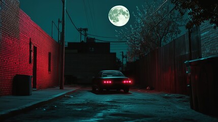 Car lights glowing in a dark alley under a full moon