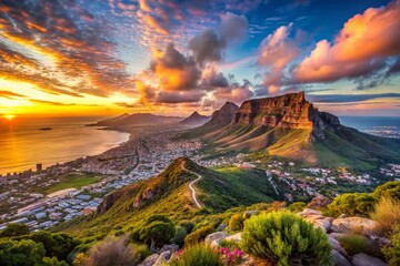 Naklejka premium Stunning Pictures of Table Mountain in Cape Town Showcasing Breathtaking Landscapes and Scenic Views for Nature Lovers