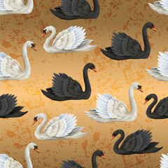 Seamless pattern with black and white swans on the gold background. Vector.