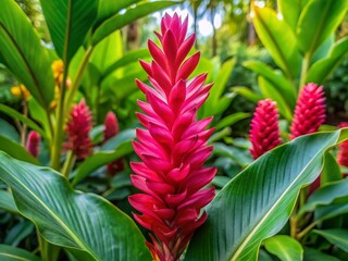 Obraz premium Stunning Pink Ginger Plant in Lush Tropical Setting - Perfect for Botanical Gardens and Home Decor Inspiration
