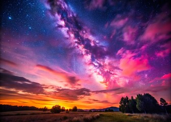 Obraz premium Stunning Pink Night Sky Over Serene Landscape with Stars and Clouds Capturing Nature's Beauty at Dusk and Twilight
