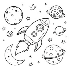 rocket ship in space around planets and moon, a coloring page for kids	