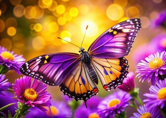 Obraz premium Stunning Purple and Gold Butterfly on Vibrant Floral Background Capturing Nature's Beauty and Elegance in Close-up
