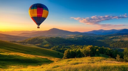 Fototapeta premium Vibrant Hot Air Balloon Over Scenic Mountain Landscape