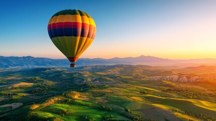 Naklejka premium Colorful Hot Air Balloon Above Scenic Landscape