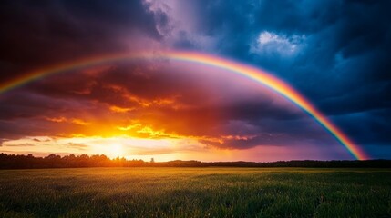 Naklejka premium Colorful Rainbow Above Sunset Landscape