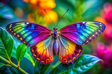 Fototapeta premium Stunning Real Rainbow Butterfly with Vivid Colors and Intricate Patterns in Natural Habitat for Nature Photography
