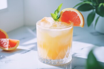 Fototapeta premium a beautiful cocktail on a table, realistic picture, simple white background, photoshoot style