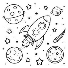 Rocket, space, planets, stars. Coloring book for children. 
