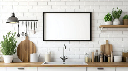 Mockup frame positioned against a stylish kitchen backdrop, featuring vibrant colors and charming decor. kitchen design, decorative frame, vibrant atmosphere.