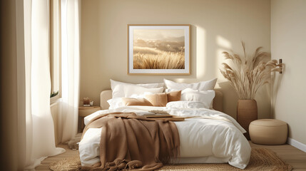 Mockup frame set in a serene bedroom with calming tones and cozy textures, creating a restful vibe. bedroom decor, peaceful setting, framed artwork.