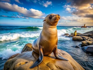 Obraz premium Stunning Sea Lion Pics Capturing Playful Moments in Their Natural Habitat by the Ocean and on Rocky Shores