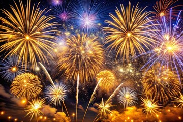 Fototapeta premium Stunning Silver and Gold Firework Display Illuminating the Night Sky in a Festive Celebration of Light and Colorful